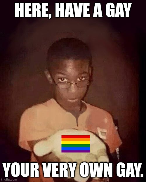 . | HERE, HAVE A GAY; YOUR VERY OWN GAY. | image tagged in give me your phone | made w/ Imgflip meme maker