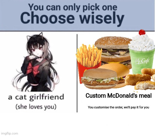 Choose wisely | Custom McDonald's meal; You customise the order, we'll pay it for you | image tagged in choose wisely | made w/ Imgflip meme maker