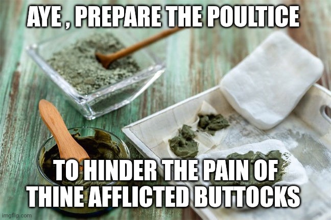 butthurt | AYE , PREPARE THE POULTICE; TO HINDER THE PAIN OF THINE AFFLICTED BUTTOCKS | image tagged in butthurt | made w/ Imgflip meme maker