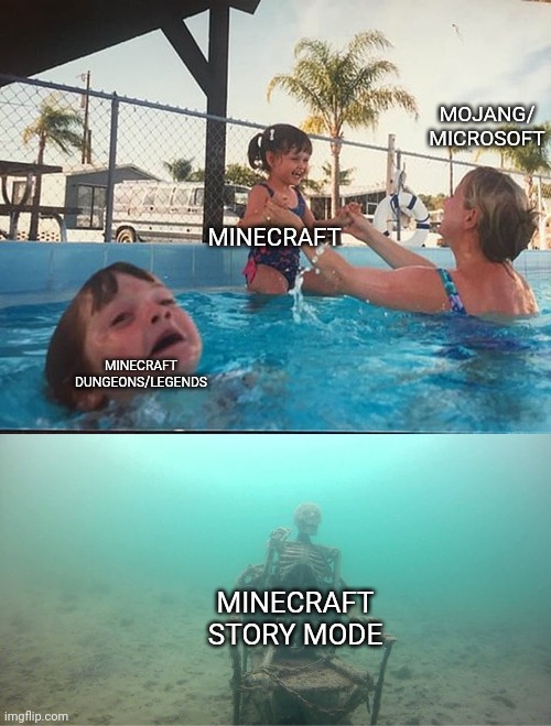 Mother Ignoring Kid Drowning In A Pool | MOJANG/
MICROSOFT; MINECRAFT; MINECRAFT DUNGEONS/LEGENDS; MINECRAFT STORY MODE | image tagged in mother ignoring kid drowning in a pool | made w/ Imgflip meme maker