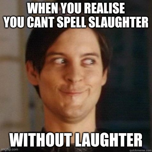 evil smile | WHEN YOU REALISE YOU CANT SPELL SLAUGHTER; WITHOUT LAUGHTER | image tagged in evil smile | made w/ Imgflip meme maker
