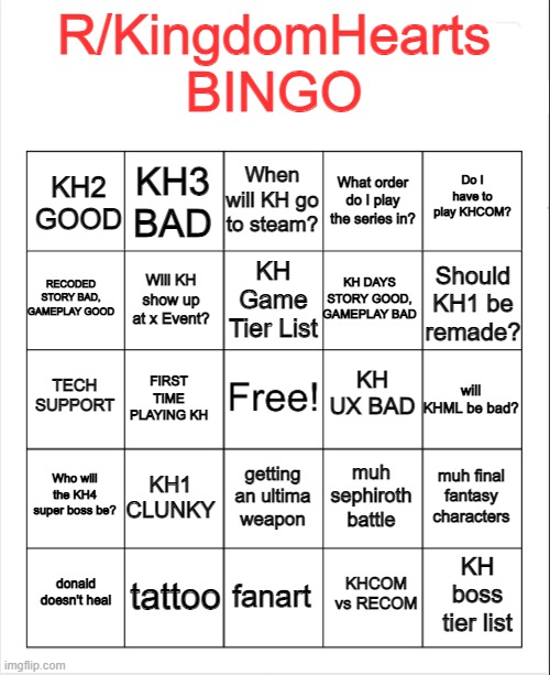 kh bingo | R/KingdomHearts BINGO; When will KH go to steam? KH3 BAD; Do I have to play KHCOM? What order do I play the series in? KH2 GOOD; KH Game Tier List; RECODED STORY BAD, GAMEPLAY GOOD; Should KH1 be remade? KH DAYS STORY GOOD, GAMEPLAY BAD; Will KH show up at x Event? KH UX BAD; TECH SUPPORT; will KHML be bad? FIRST TIME PLAYING KH; Who will the KH4 super boss be? KH1 CLUNKY; muh final fantasy characters; muh sephiroth battle; getting an ultima weapon; tattoo; KH boss tier list; donald doesn't heal; fanart; KHCOM vs RECOM | image tagged in blank bingo | made w/ Imgflip meme maker