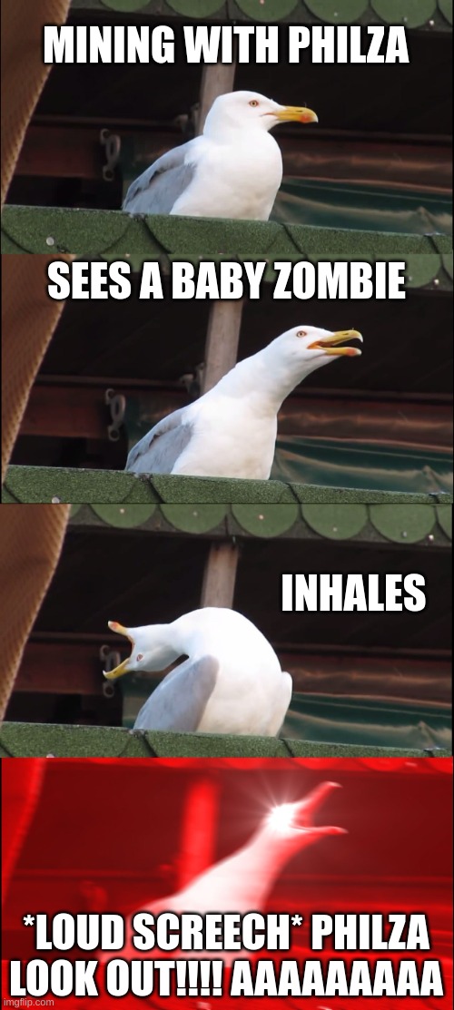 Inhaling Seagull | MINING WITH PHILZA; SEES A BABY ZOMBIE; INHALES; *LOUD SCREECH* PHILZA LOOK OUT!!!! AAAAAAAAA | image tagged in memes,inhaling seagull,dream smp,minecraft memes | made w/ Imgflip meme maker