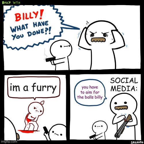 ? | SOCIAL MEDIA:; im a furry; you have to aim for the balls billy | image tagged in billy what have you done,furry,anti furry,social media | made w/ Imgflip meme maker