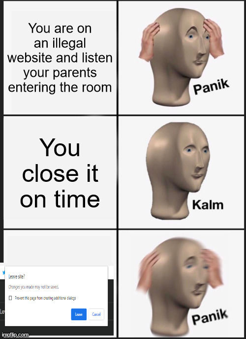 Panik Kalm Panik | You are on an illegal website and listen your parents entering the room; You close it on time | image tagged in memes,panik kalm panik,funny | made w/ Imgflip meme maker