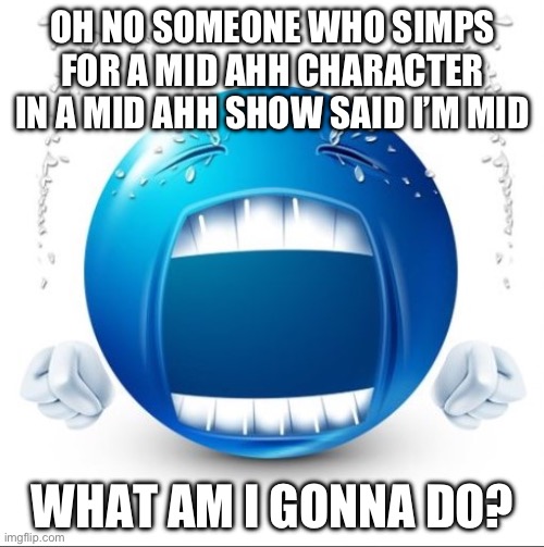 Crying Blue guy | OH NO SOMEONE WHO SIMPS FOR A MID AHH CHARACTER IN A MID AHH SHOW SAID I’M MID WHAT AM I GONNA DO? | image tagged in crying blue guy | made w/ Imgflip meme maker