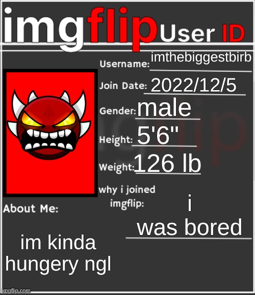 imgflip User ID | imthebiggestbirb; 2022/12/5; male; 5'6"; 126 lb; i was bored; im kinda hungery ngl | image tagged in imgflip user id | made w/ Imgflip meme maker