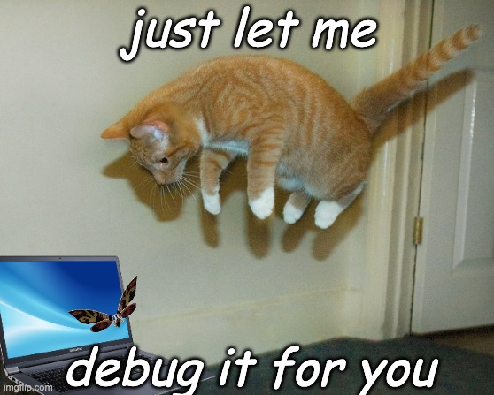 Cat to the . . . rescue? | just let me; debug it for you | image tagged in cat,computer,trouble | made w/ Imgflip meme maker