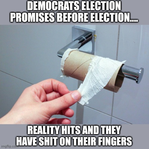 Stink finger | DEMOCRATS ELECTION PROMISES BEFORE ELECTION.... REALITY HITS AND THEY HAVE SHIT ON THEIR FINGERS | image tagged in project without resource | made w/ Imgflip meme maker