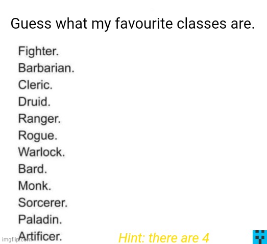 Guess what my favourite classes are. Hint: there are 4 | made w/ Imgflip meme maker