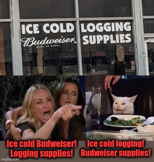 It never gets old! | Ice cold Budweiser!
Logging supplies! Ice cold logging!
Budweiser supplies! | image tagged in woman yelling at cat,budweiser,logging supplies,memes | made w/ Imgflip meme maker