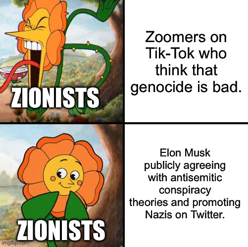 If any social media site needs to be outright banned for promoting antisemitism, it’s Twitter. Not Tik-Tok. | Zoomers on Tik-Tok who think that genocide is bad. ZIONISTS; Elon Musk publicly agreeing with antisemitic conspiracy theories and promoting Nazis on Twitter. ZIONISTS | image tagged in tiktok,twitter,elon musk,antisemitism,palestine,nazi | made w/ Imgflip meme maker