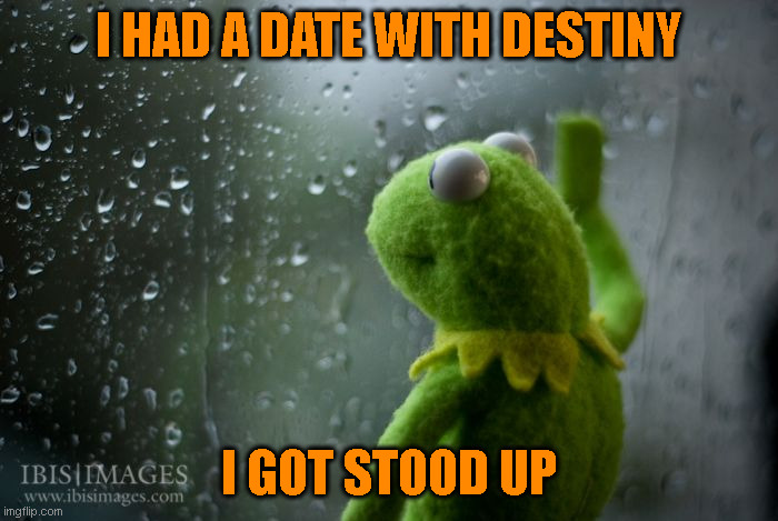 Destiny | I HAD A DATE WITH DESTINY; I GOT STOOD UP | image tagged in kermit window | made w/ Imgflip meme maker