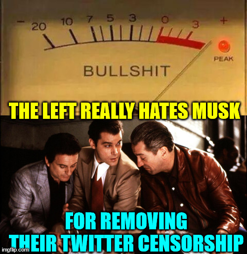THE LEFT REALLY HATES MUSK FOR REMOVING THEIR TWITTER CENSORSHIP | image tagged in bullshit meter,goodfellows loot | made w/ Imgflip meme maker