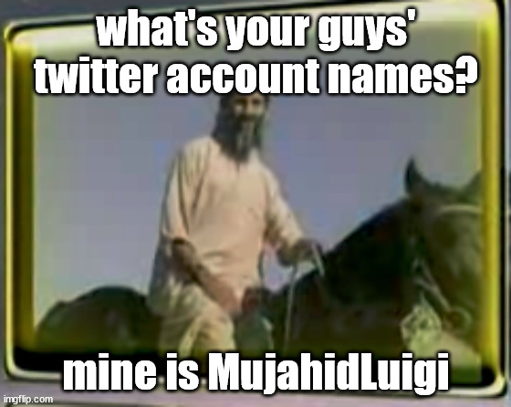osama on horse | what's your guys' twitter account names? mine is MujahidLuigi | image tagged in osama on horse | made w/ Imgflip meme maker