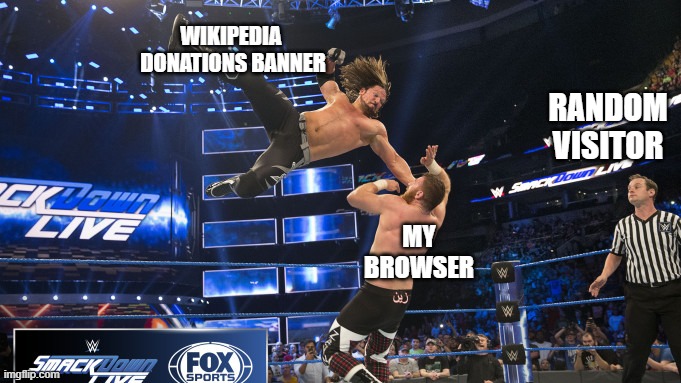 Smackdown | WIKIPEDIA 
DONATIONS BANNER RANDOM
VISITOR MY
BROWSER | image tagged in smackdown | made w/ Imgflip meme maker