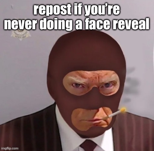 spy mugshot | repost if you’re never doing a face reveal | image tagged in spy mugshot | made w/ Imgflip meme maker