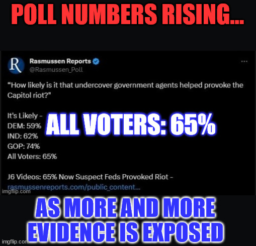 The truth is coming out about their fedsurrection | POLL NUMBERS RISING... ALL VOTERS: 65%; AS MORE AND MORE EVIDENCE IS EXPOSED | image tagged in criminal,fbi,dc,police,stage,riot | made w/ Imgflip meme maker