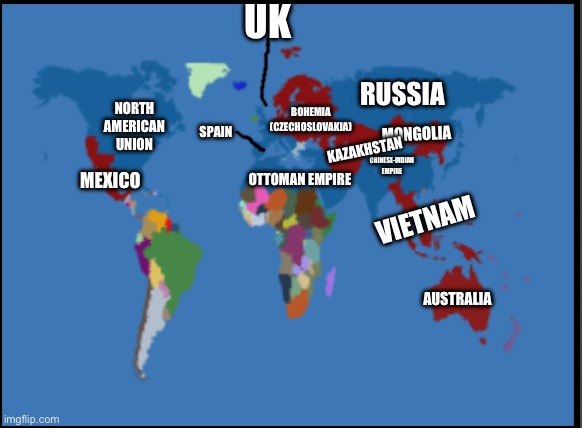 My idea of ww3. Also note that France and Yugoslavia exist during this war | UK; RUSSIA; NORTH AMERICAN UNION; BOHEMIA (CZECHOSLOVAKIA); SPAIN; MONGOLIA; KAZAKHSTAN; CHINESE-INDIAN EMPIRE; MEXICO; OTTOMAN EMPIRE; VIETNAM; AUSTRALIA | made w/ Imgflip meme maker
