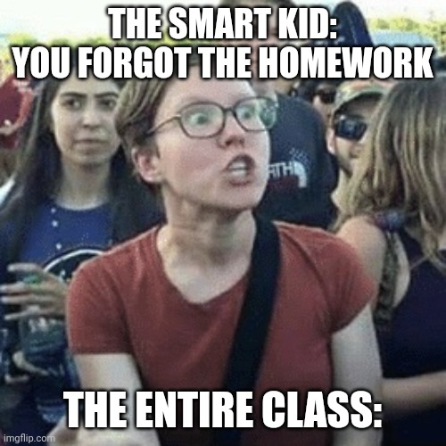 Yup. | THE SMART KID:
YOU FORGOT THE HOMEWORK; THE ENTIRE CLASS: | image tagged in gender outrage,homework | made w/ Imgflip meme maker