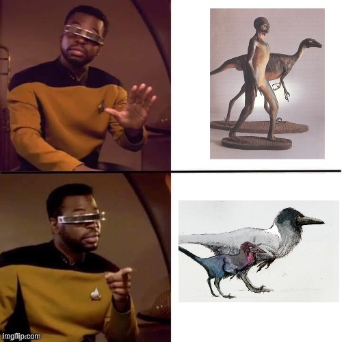 Geordi Drake | image tagged in geordi drake,dinosaur,dinosaurs,drake hotline approves,art memes,drake meme | made w/ Imgflip meme maker