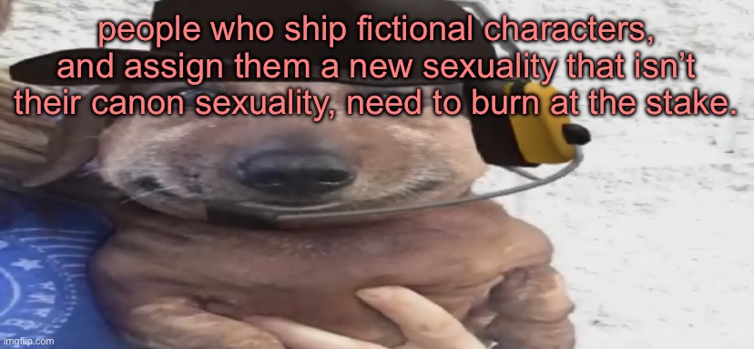 chucklenuts | people who ship fictional characters, and assign them a new sexuality that isn’t their canon sexuality, need to burn at the stake. | image tagged in chucklenuts | made w/ Imgflip meme maker