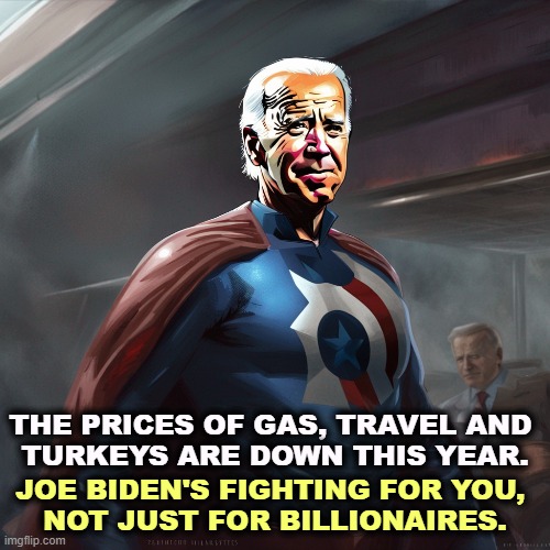 THE PRICES OF GAS, TRAVEL AND 
TURKEYS ARE DOWN THIS YEAR. JOE BIDEN'S FIGHTING FOR YOU, 
NOT JUST FOR BILLIONAIRES. | image tagged in joe biden,fighting,you,trump,billionaire,gas prices | made w/ Imgflip meme maker