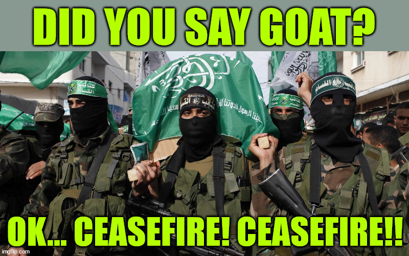 Hamas | OK... CEASEFIRE! CEASEFIRE!! DID YOU SAY GOAT? | image tagged in hamas | made w/ Imgflip meme maker