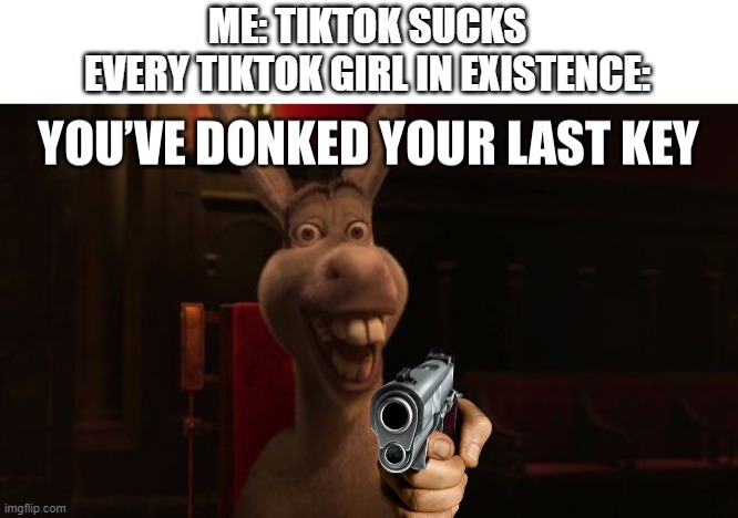 i think donkey likes tiktok a little too much? | ME: TIKTOK SUCKS
EVERY TIKTOK GIRL IN EXISTENCE: | image tagged in youve donked your last key,tiktok sucks | made w/ Imgflip meme maker