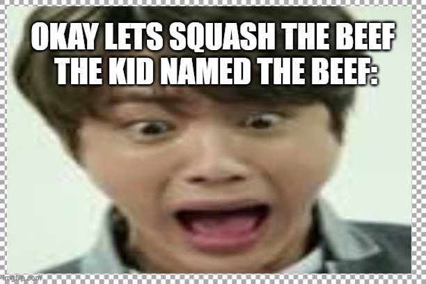 OKAY LETS SQUASH THE BEEF 
THE KID NAMED THE BEEF: | image tagged in funny,bts | made w/ Imgflip meme maker