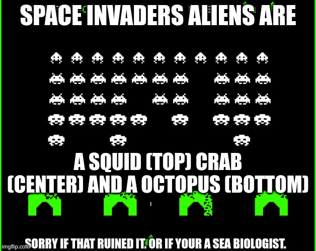 yeah... | SPACE INVADERS ALIENS ARE; A SQUID (TOP) CRAB (CENTER) AND A OCTOPUS (BOTTOM); SORRY IF THAT RUINED IT. OR IF YOUR A SEA BIOLOGIST. | image tagged in space invaders | made w/ Imgflip meme maker