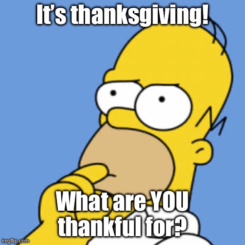 I’m thankful for being here. | It’s thanksgiving! What are YOU thankful for? | image tagged in homer pondering | made w/ Imgflip meme maker