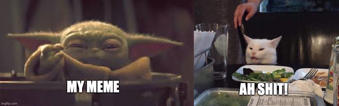 Angry Yoda Vs Smudge | AH SHIT! MY MEME | image tagged in salad cat,baby yoda | made w/ Imgflip meme maker
