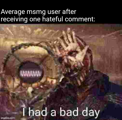 I had a bad day | Average msmg user after receiving one hateful comment: | image tagged in i had a bad day | made w/ Imgflip meme maker