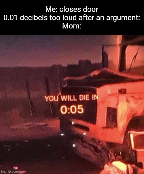 She is going to commit die on me :( | Me: closes door 0.01 decibels too loud after an argument:
Mom: | image tagged in you will die in 0 05,memes,funny,fun,mom,die | made w/ Imgflip meme maker