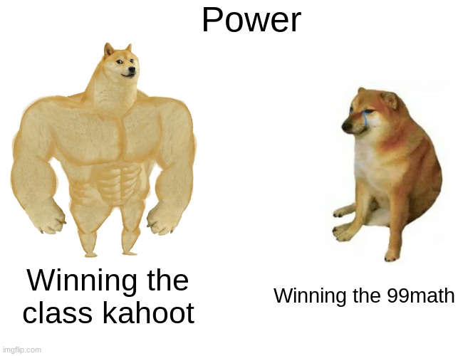 I can't think of a title | Power; Winning the class kahoot; Winning the 99math | image tagged in memes,buff doge vs cheems | made w/ Imgflip meme maker