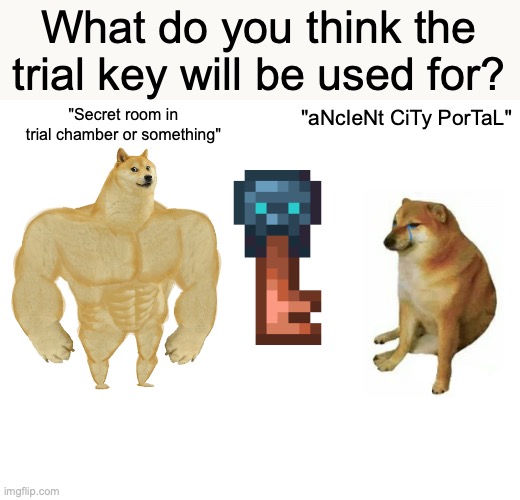 Buff Doge vs. Cheems | What do you think the trial key will be used for? "Secret room in trial chamber or something"; "aNcIeNt CiTy PorTaL" | image tagged in memes,buff doge vs cheems | made w/ Imgflip meme maker