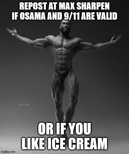 gigachad arms out | REPOST AT MAX SHARPEN IF OSAMA AND 9/11 ARE VALID; OR IF YOU LIKE ICE CREAM | image tagged in gigachad arms out | made w/ Imgflip meme maker