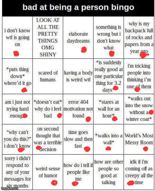 i need to post here more often and actually do mod duties lol | image tagged in bad at being a person bingo | made w/ Imgflip meme maker