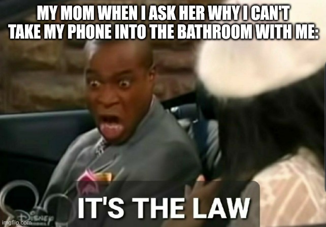 ??? | MY MOM WHEN I ASK HER WHY I CAN'T TAKE MY PHONE INTO THE BATHROOM WITH ME: | image tagged in it's the law | made w/ Imgflip meme maker