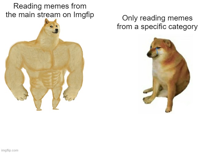 Can't believe people actually do this | Reading memes from the main stream on Imgfip; Only reading memes from a specific category | image tagged in memes,buff doge vs cheems | made w/ Imgflip meme maker
