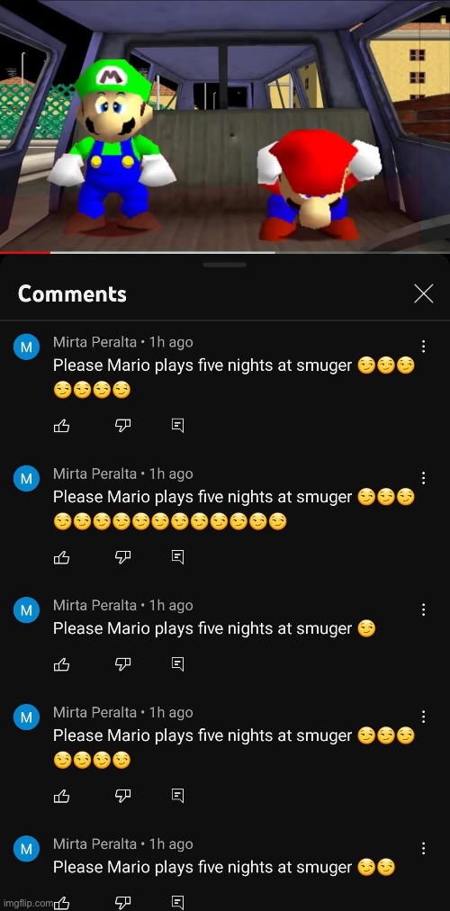 Five nights at smuger | image tagged in mario,smg4,comments | made w/ Imgflip meme maker