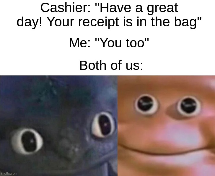 Guys I think I abducted the cashier | Cashier: "Have a great day! Your receipt is in the bag"; Me: "You too"; Both of us: | image tagged in awkward realization two faces,memes,funny,funny memes,relatable memes,cashier | made w/ Imgflip meme maker