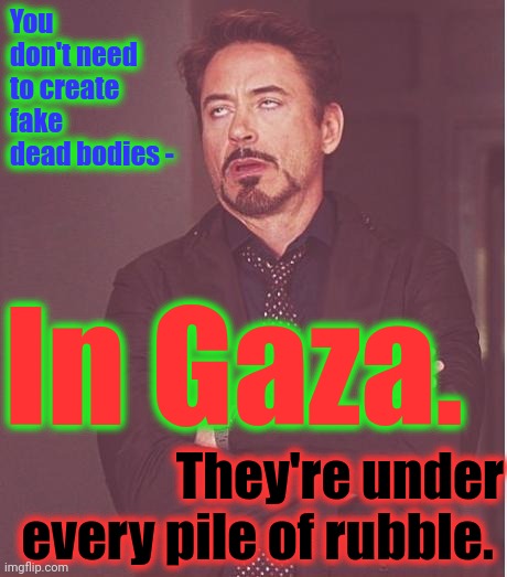 Face You Make Robert Downey Jr Meme | You don't need to create fake dead bodies - In Gaza. They're under every pile of rubble. | image tagged in memes,face you make robert downey jr | made w/ Imgflip meme maker