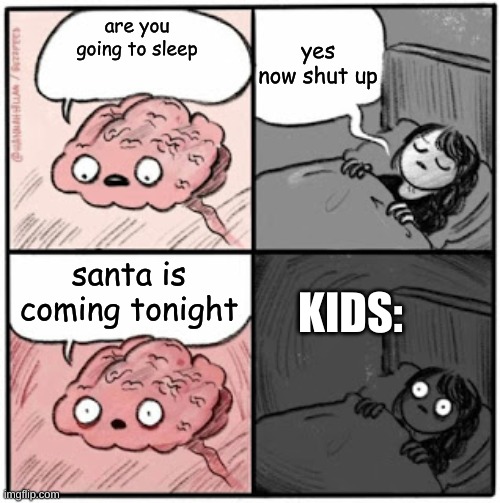 Brain Before Sleep | yes now shut up; are you going to sleep; santa is coming tonight; KIDS: | image tagged in brain before sleep | made w/ Imgflip meme maker