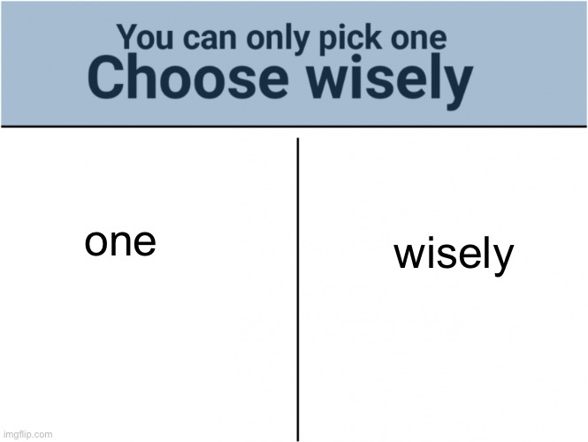 hehe | wisely; one | image tagged in you can pick only one choose wisely | made w/ Imgflip meme maker
