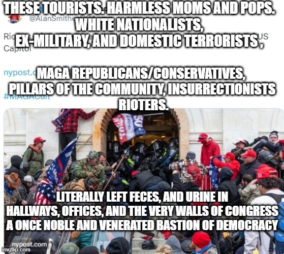 January 6th Insurrectionists | THESE TOURISTS. HARMLESS MOMS AND POPS.
WHITE NATIONALISTS, EX-MILITARY, AND DOMESTIC TERRORISTS , MAGA REPUBLICANS/CONSERVATIVES, 
PILLARS OF THE COMMUNITY, INSURRECTIONISTS
 RIOTERS. LITERALLY LEFT FECES, AND URINE IN HALLWAYS, OFFICES, AND THE VERY WALLS OF CONGRESS
A ONCE NOBLE AND VENERATED BASTION OF DEMOCRACY | image tagged in maga,conservative,republican,congress,domestic terrorists | made w/ Imgflip meme maker