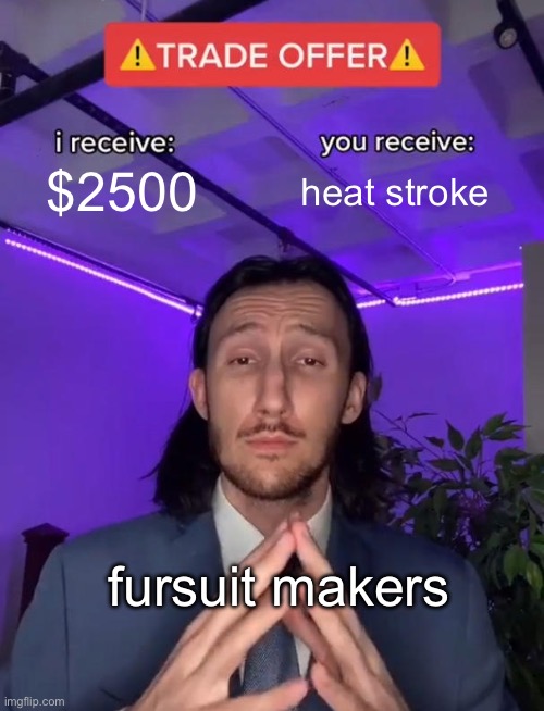 before you comment, yes, i know why fursuits are expensive. no, i do not think they are overpriced. i just wanted to make a funn | $2500; heat stroke; fursuit makers | image tagged in trade offer | made w/ Imgflip meme maker