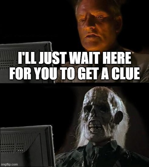 Clue, anyone? | I'LL JUST WAIT HERE FOR YOU TO GET A CLUE | image tagged in memes,i'll just wait here | made w/ Imgflip meme maker
