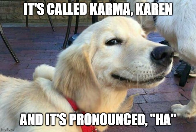 Karma, Karen | IT'S CALLED KARMA, KAREN; AND IT'S PRONOUNCED, "HA" | image tagged in funny memes | made w/ Imgflip meme maker